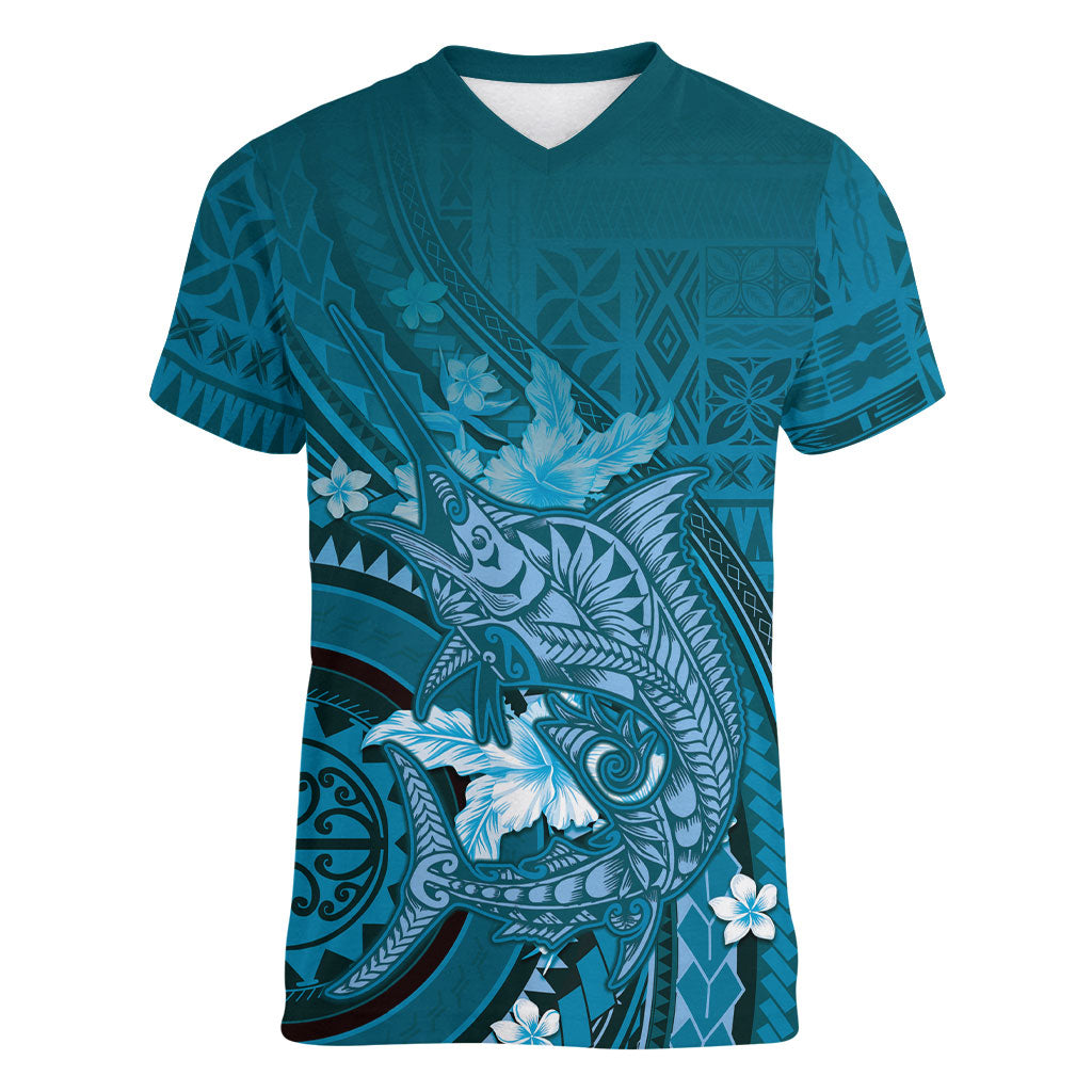 Samoa Tatau Marlin Women V-Neck T-Shirt With Siapo Motifs Teal LT05 Female Teal - Polynesian Pride