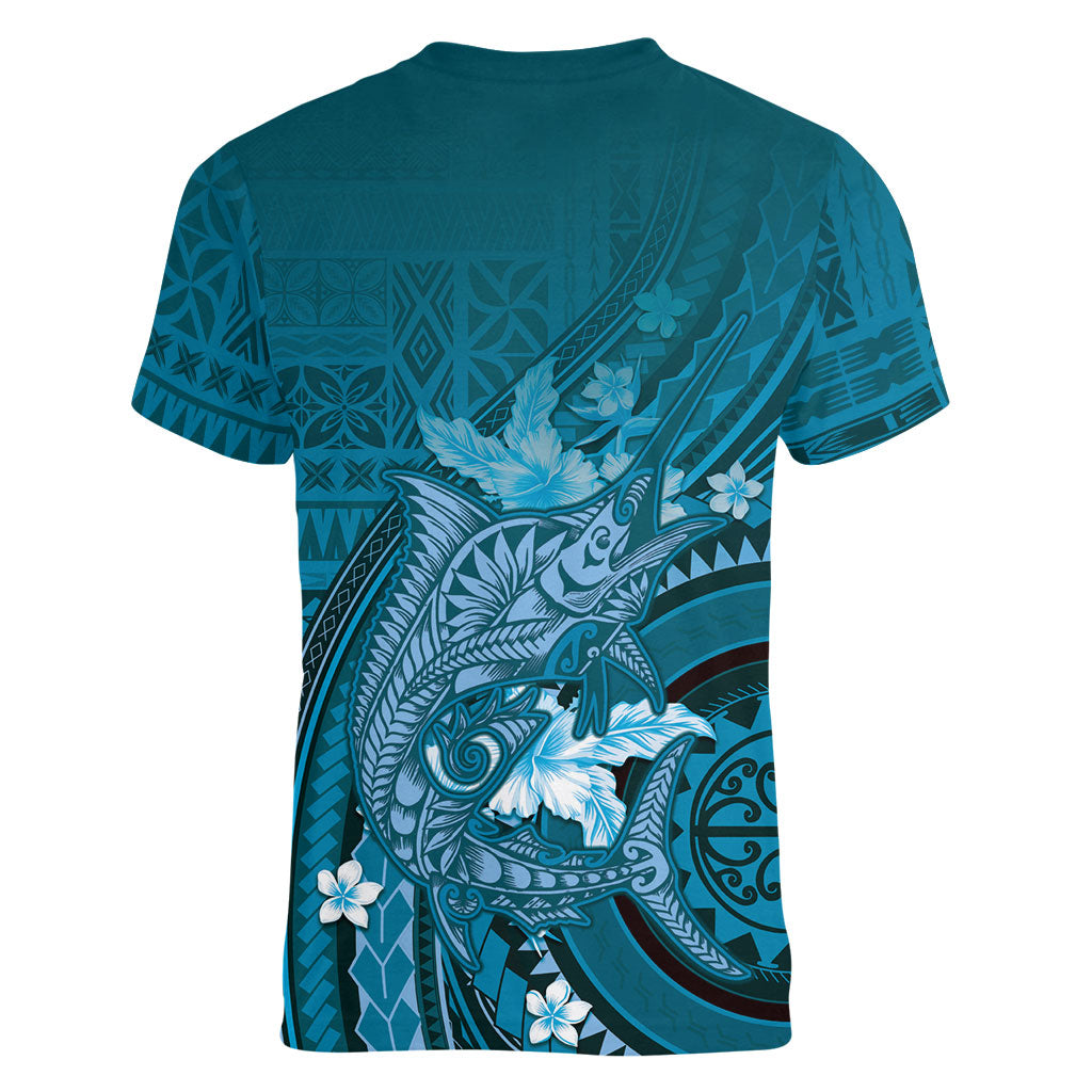 Samoa Tatau Marlin Women V-Neck T-Shirt With Siapo Motifs Teal LT05 - Polynesian Pride