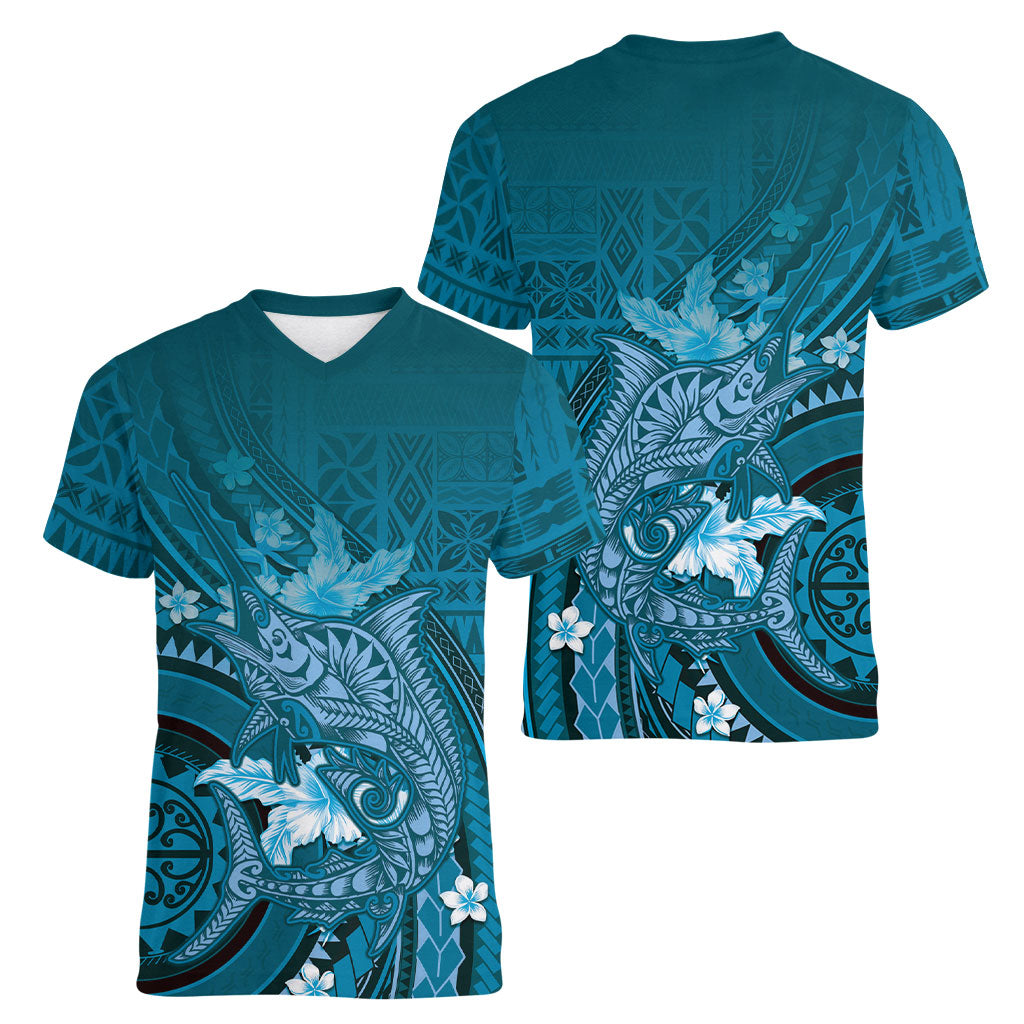Samoa Tatau Marlin Women V-Neck T-Shirt With Siapo Motifs Teal LT05 - Polynesian Pride