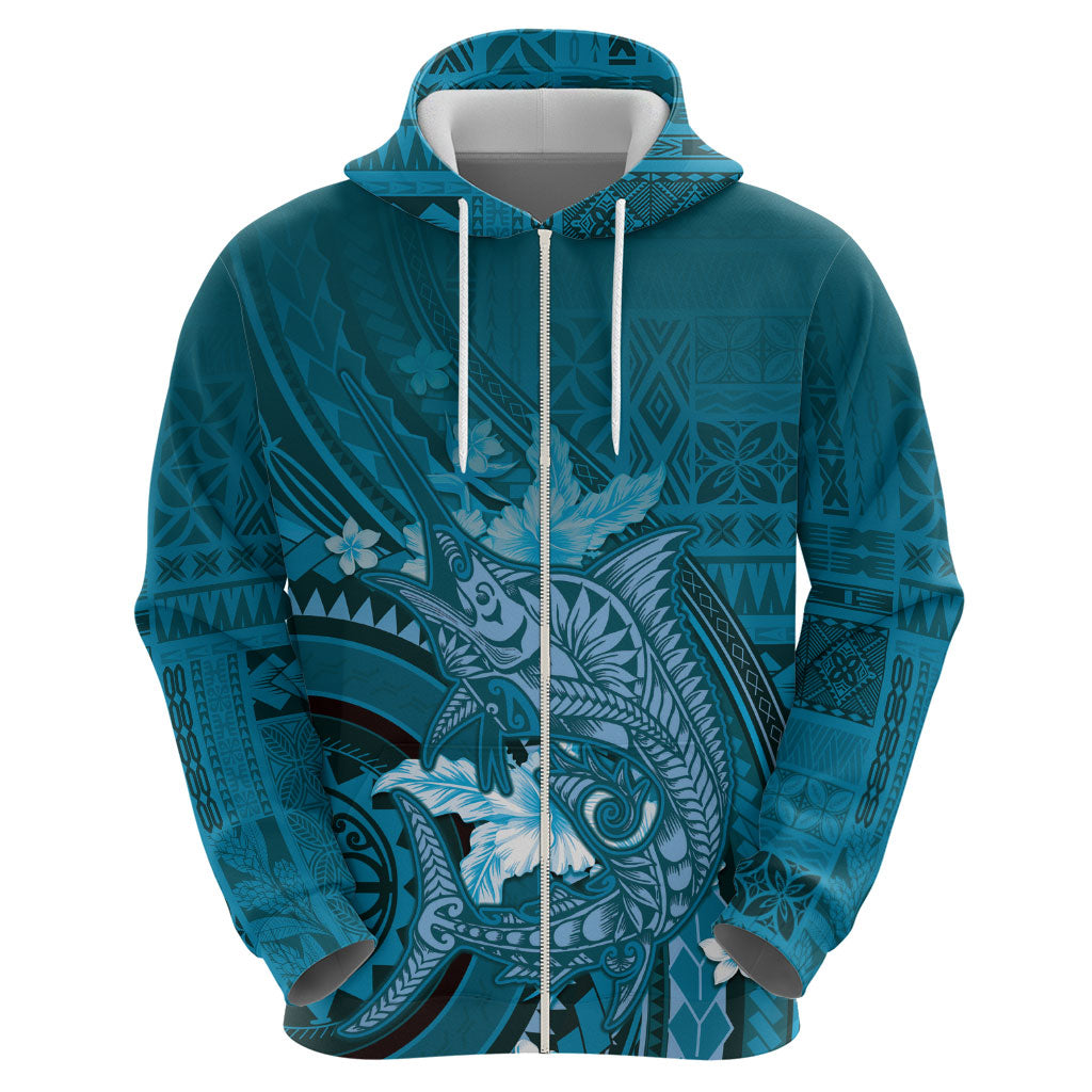 Samoa Tatau Marlin Zip Hoodie With Siapo Motifs Teal LT05 - Polynesian Pride