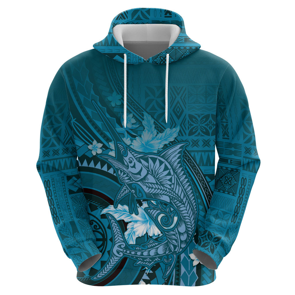 Samoa Tatau Marlin Zip Hoodie With Siapo Motifs Teal LT05 - Polynesian Pride