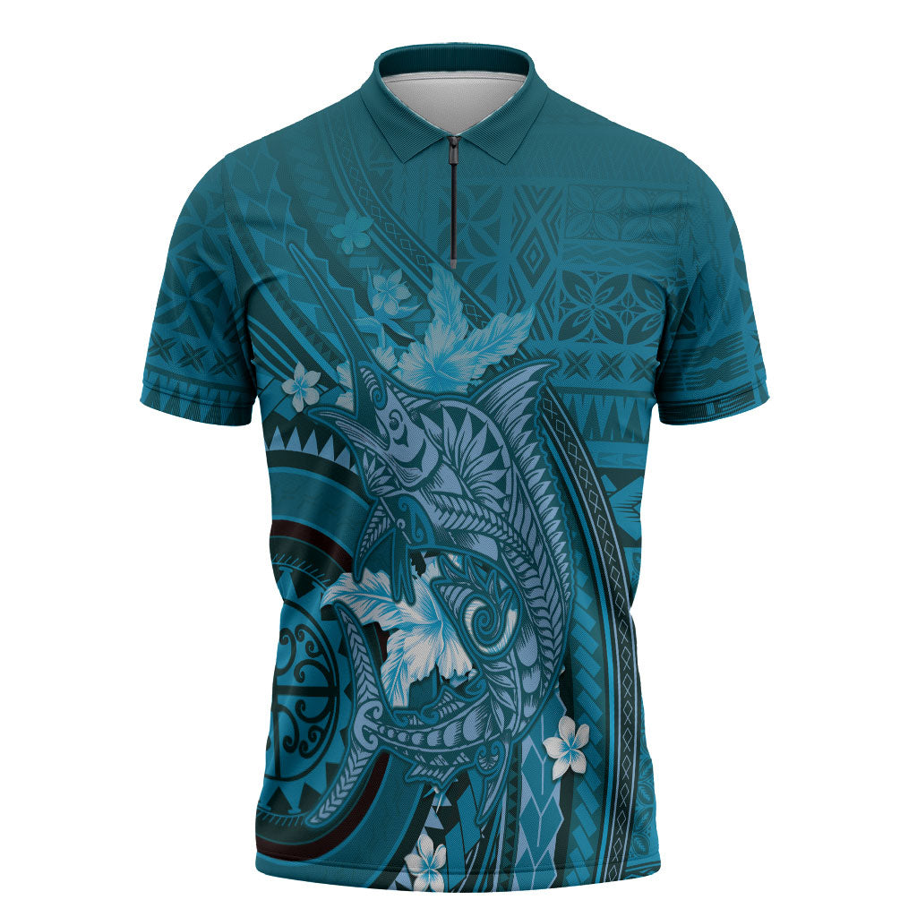 Samoa Tatau Marlin Zipper Polo Shirt With Siapo Motifs Teal LT05 Teal - Polynesian Pride