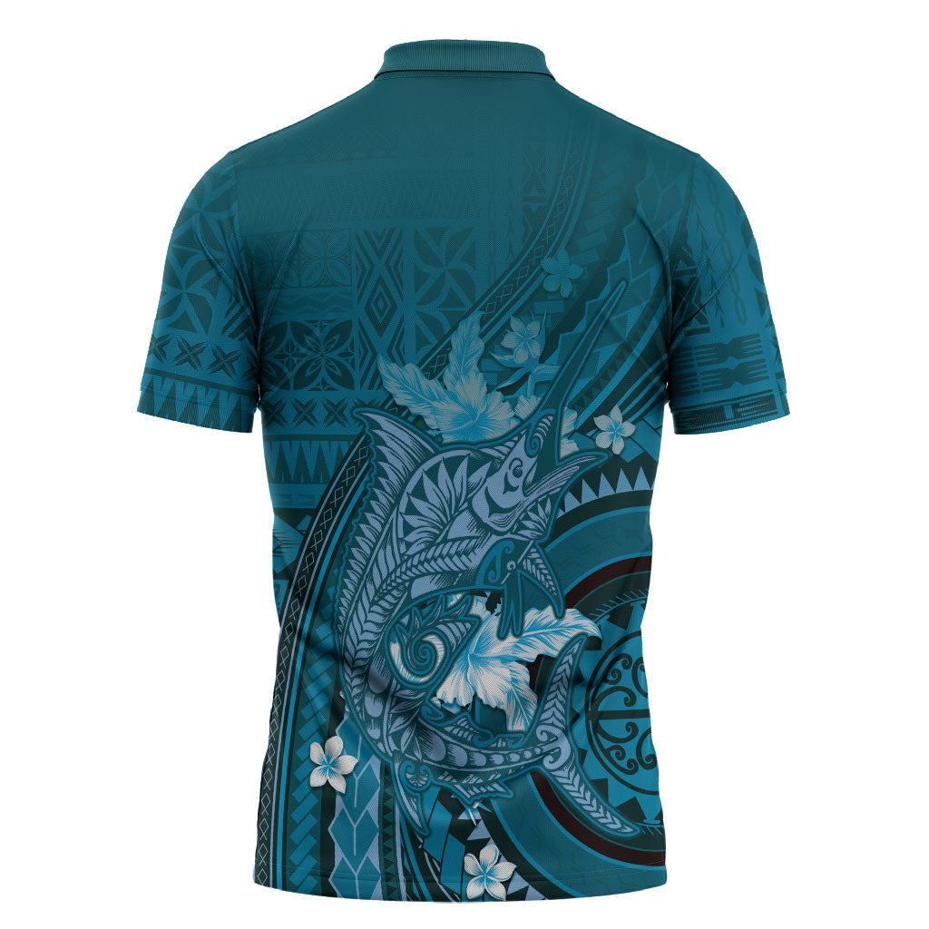 Samoa Tatau Marlin Zipper Polo Shirt With Siapo Motifs Teal LT05 - Polynesian Pride