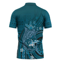 Samoa Tatau Marlin Zipper Polo Shirt With Siapo Motifs Teal LT05 - Polynesian Pride