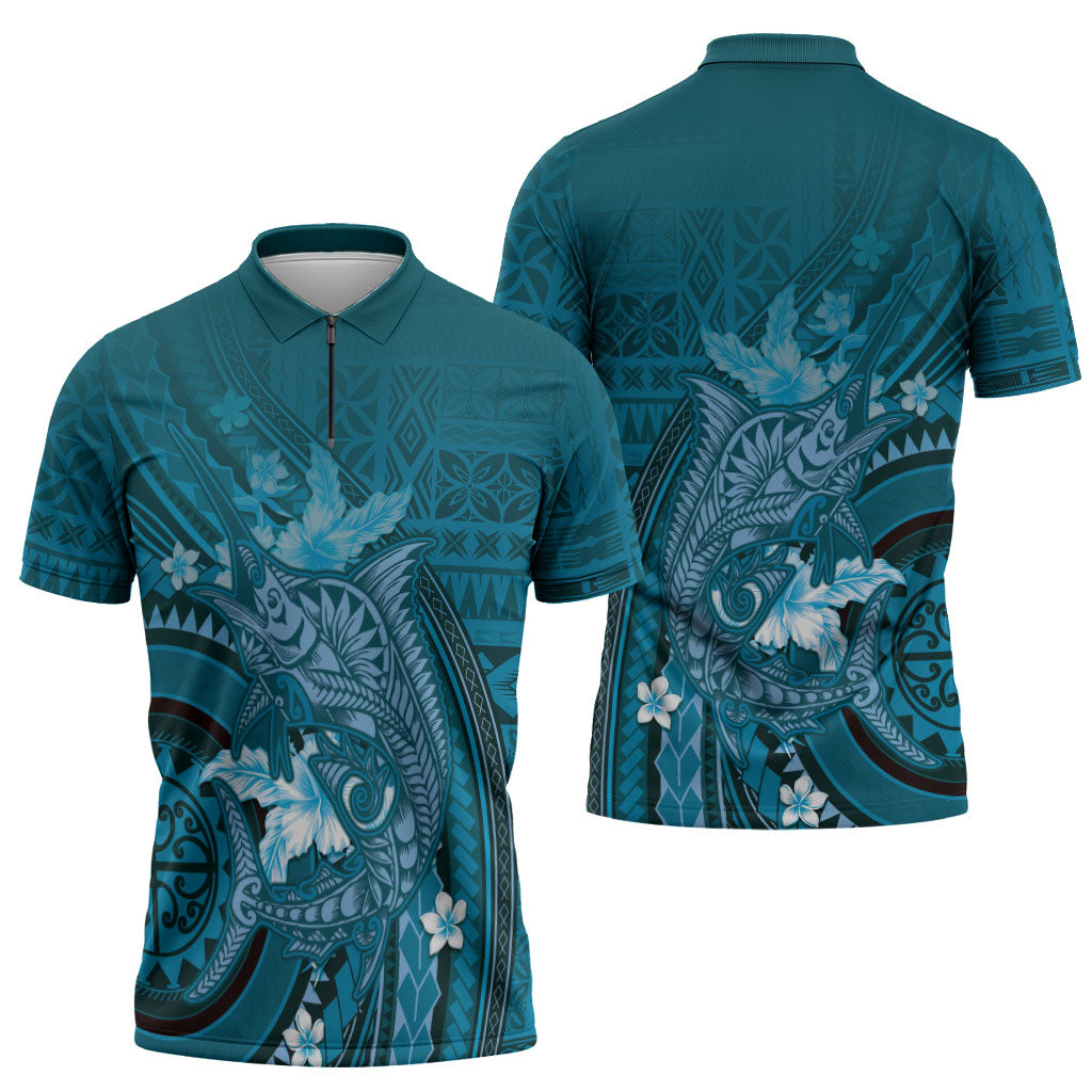 Samoa Tatau Marlin Zipper Polo Shirt With Siapo Motifs Teal LT05 - Polynesian Pride