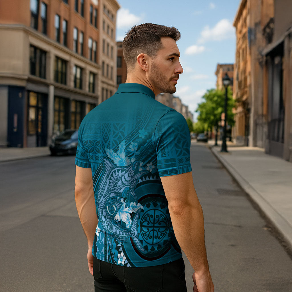 Samoa Tatau Marlin Zipper Polo Shirt With Siapo Motifs Teal LT05 - Polynesian Pride