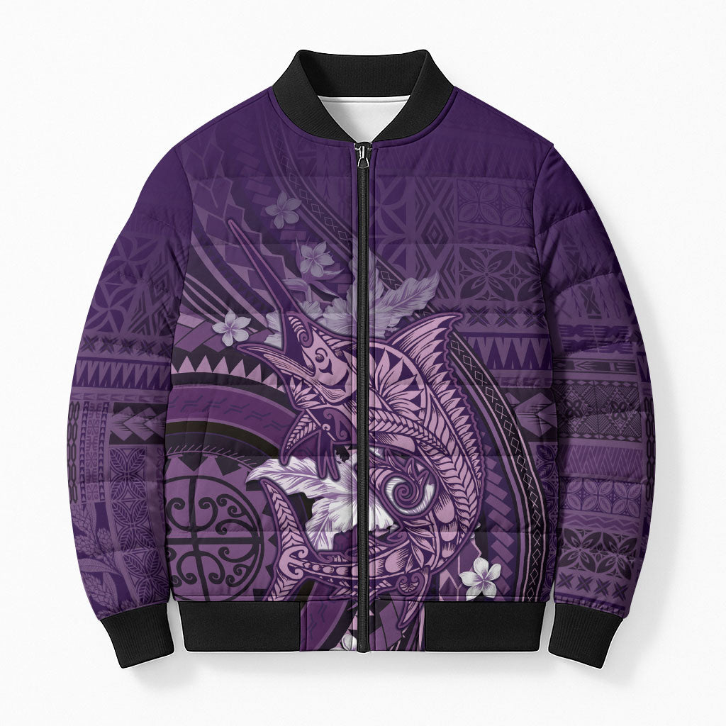 Samoa Tatau Marlin Bomber Puffer Jacket With Siapo Motifs Violet LT05 Unisex Violet - Polynesian Pride