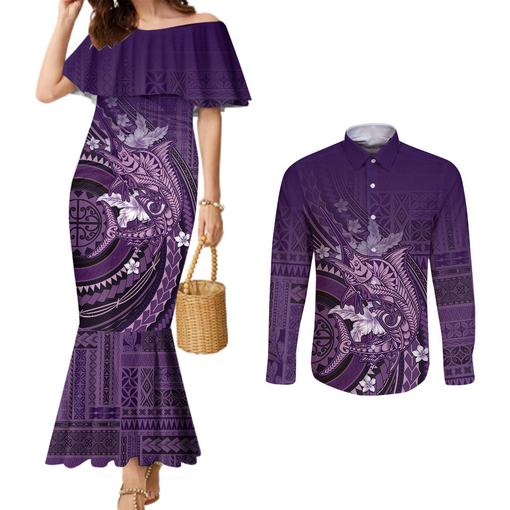 Samoa Tatau Marlin Couples Matching Mermaid Dress and Long Sleeve Button Shirt With Siapo Motifs Violet LT05 Violet - Polynesian Pride