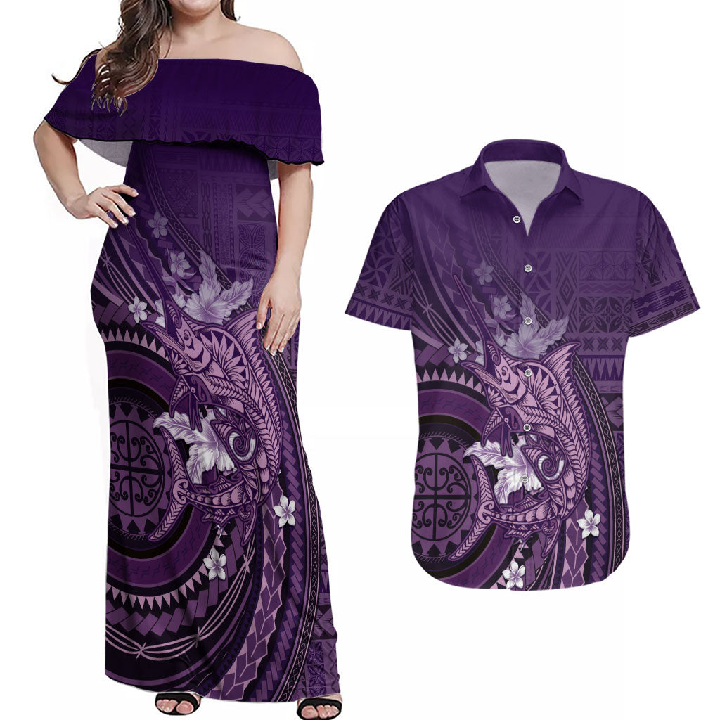 Samoa Tatau Marlin Couples Matching Off Shoulder Maxi Dress and Hawaiian Shirt With Siapo Motifs Violet LT05 Violet - Polynesian Pride