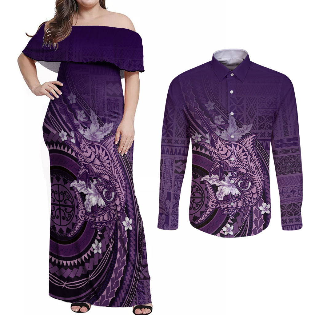 Samoa Tatau Marlin Couples Matching Off Shoulder Maxi Dress and Long Sleeve Button Shirt With Siapo Motifs Violet