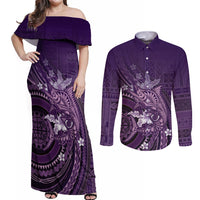 Samoa Tatau Marlin Couples Matching Off Shoulder Maxi Dress and Long Sleeve Button Shirt With Siapo Motifs Violet