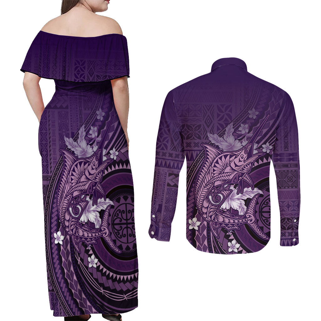 Samoa Tatau Marlin Couples Matching Off Shoulder Maxi Dress and Long Sleeve Button Shirt With Siapo Motifs Violet