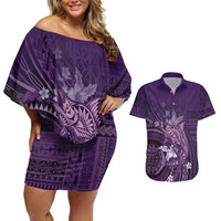 Samoa Tatau Marlin Couples Matching Off Shoulder Short Dress and Hawaiian Shirt With Siapo Motifs Violet LT05 Violet - Polynesian Pride