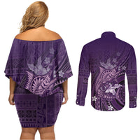 Samoa Tatau Marlin Couples Matching Off Shoulder Short Dress and Long Sleeve Button Shirt With Siapo Motifs Violet LT05 - Polynesian Pride