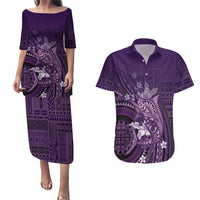Samoa Tatau Marlin Couples Matching Puletasi and Hawaiian Shirt With Siapo Motifs Violet LT05 Violet - Polynesian Pride