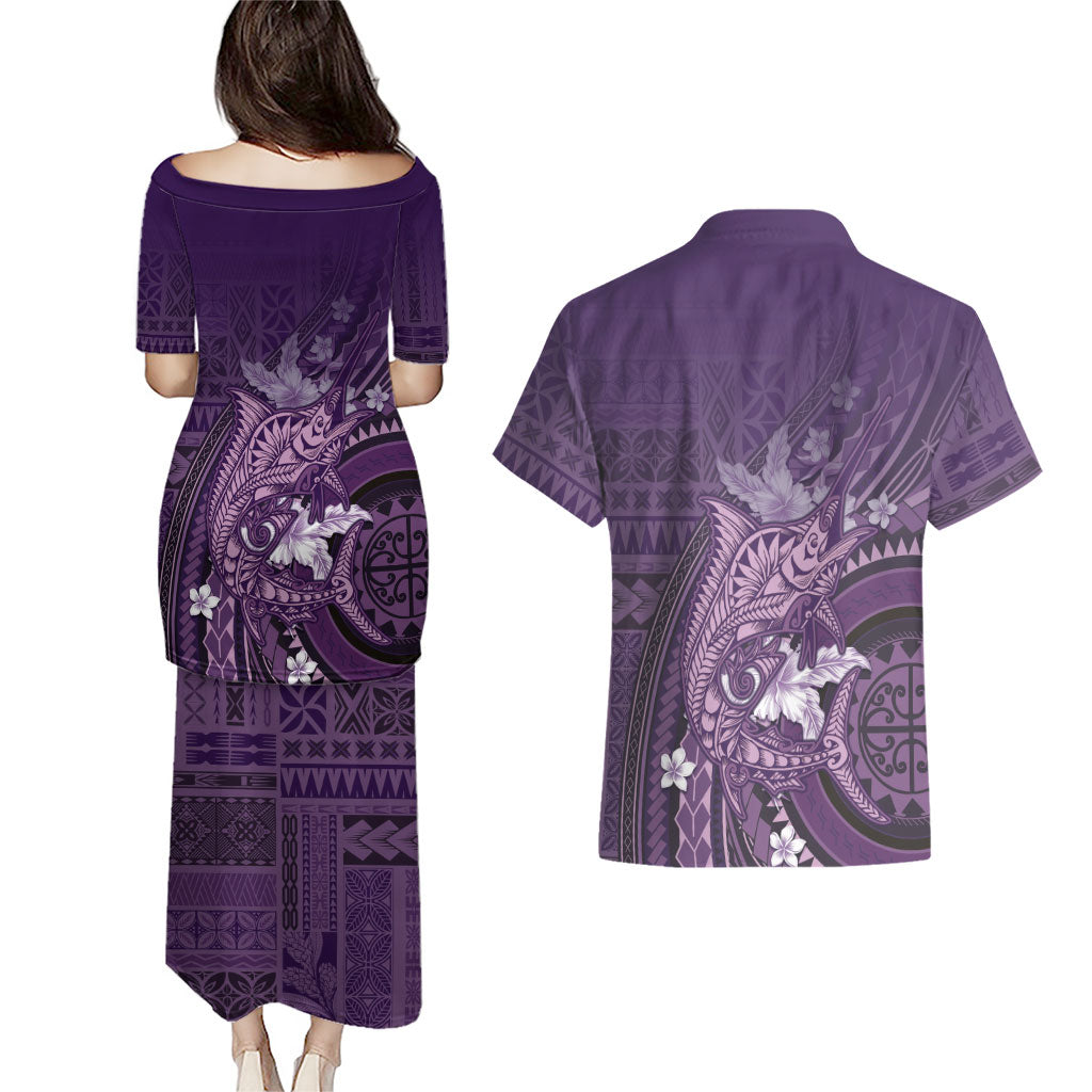 Samoa Tatau Marlin Couples Matching Puletasi and Hawaiian Shirt With Siapo Motifs Violet LT05 - Polynesian Pride
