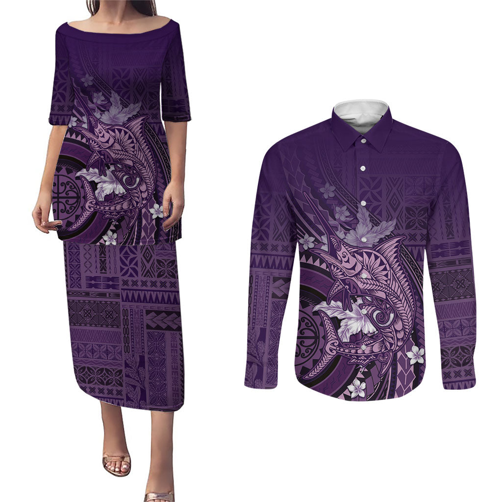 Samoa Tatau Marlin Couples Matching Puletasi and Long Sleeve Button Shirt With Siapo Motifs Violet LT05 Violet - Polynesian Pride
