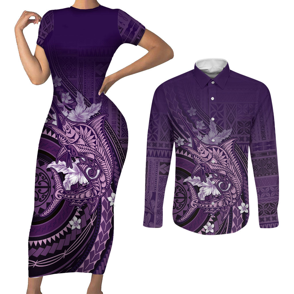 Samoa Tatau Marlin Couples Matching Short Sleeve Bodycon Dress and Long Sleeve Button Shirt With Siapo Motifs Violet LT05 Violet - Polynesian Pride