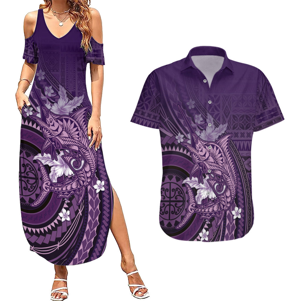 Samoa Tatau Marlin Couples Matching Summer Maxi Dress and Hawaiian Shirt With Siapo Motifs Violet LT05 Violet - Polynesian Pride