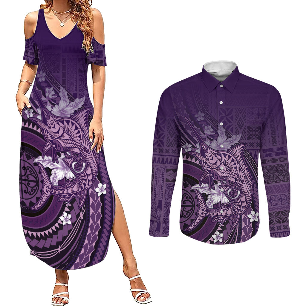 Samoa Tatau Marlin Couples Matching Summer Maxi Dress and Long Sleeve Button Shirt With Siapo Motifs Violet LT05 Violet - Polynesian Pride