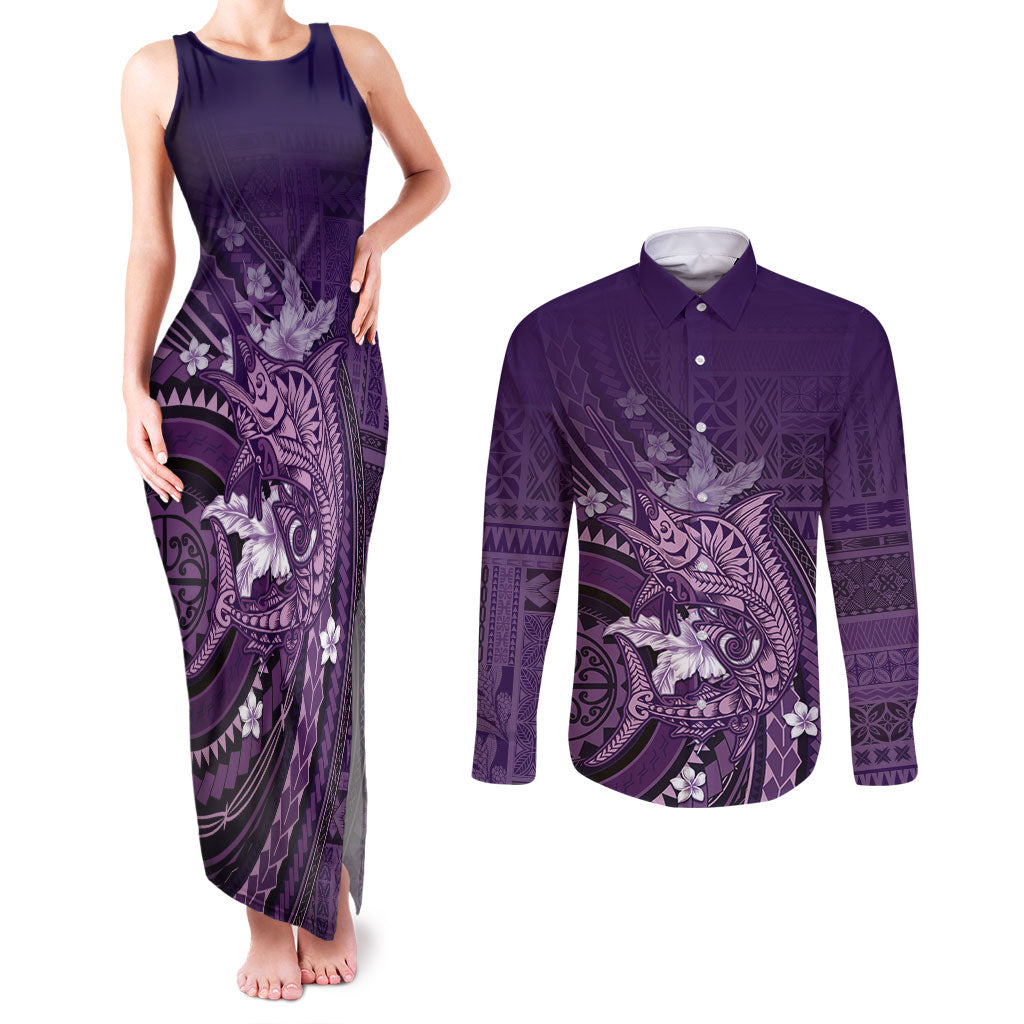 Samoa Tatau Marlin Couples Matching Tank Maxi Dress and Long Sleeve Button Shirt With Siapo Motifs Violet LT05 Violet - Polynesian Pride