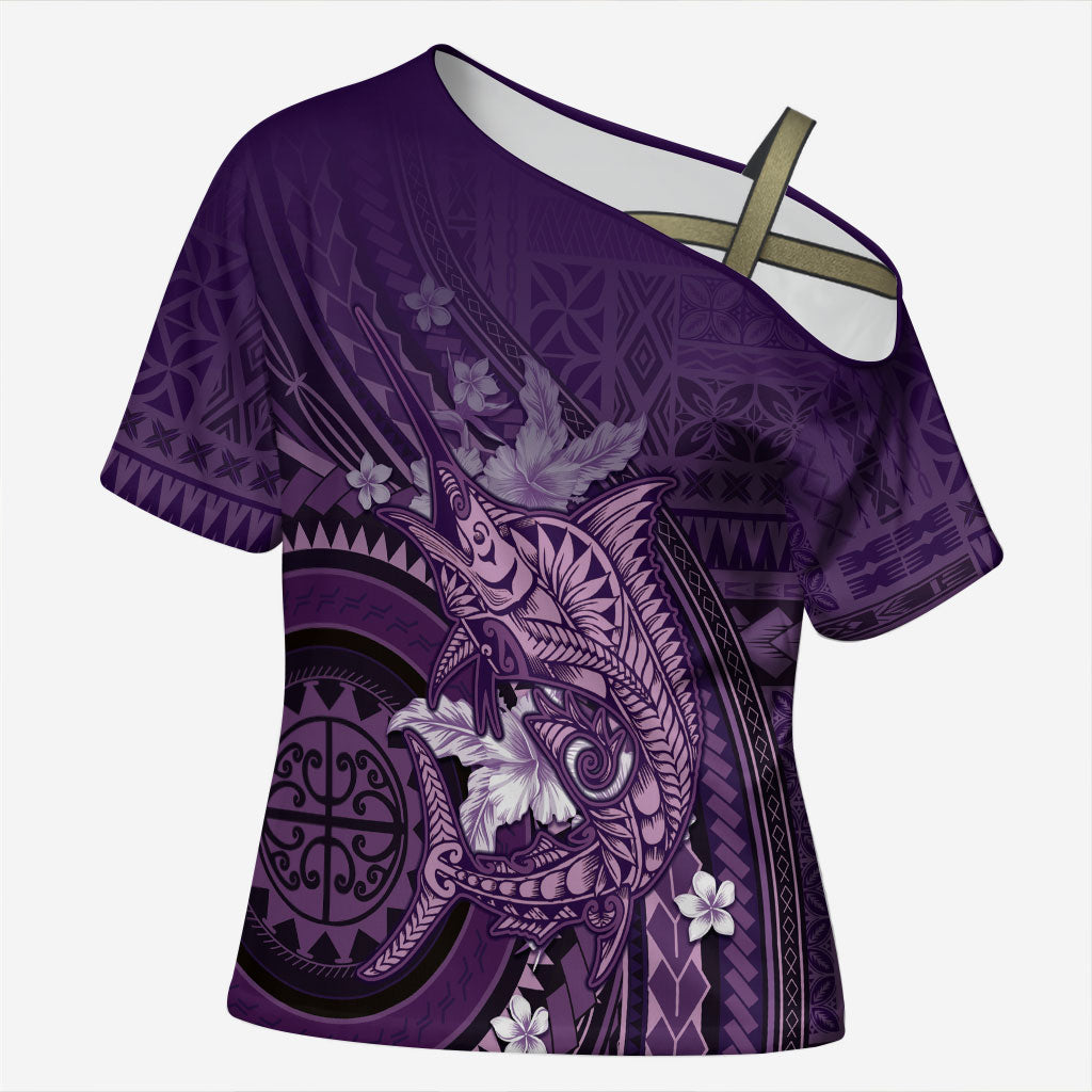 Samoa Tatau Marlin Cross Shoulder Shirt With Siapo Motifs Violet LT05 Female Violet - Polynesian Pride