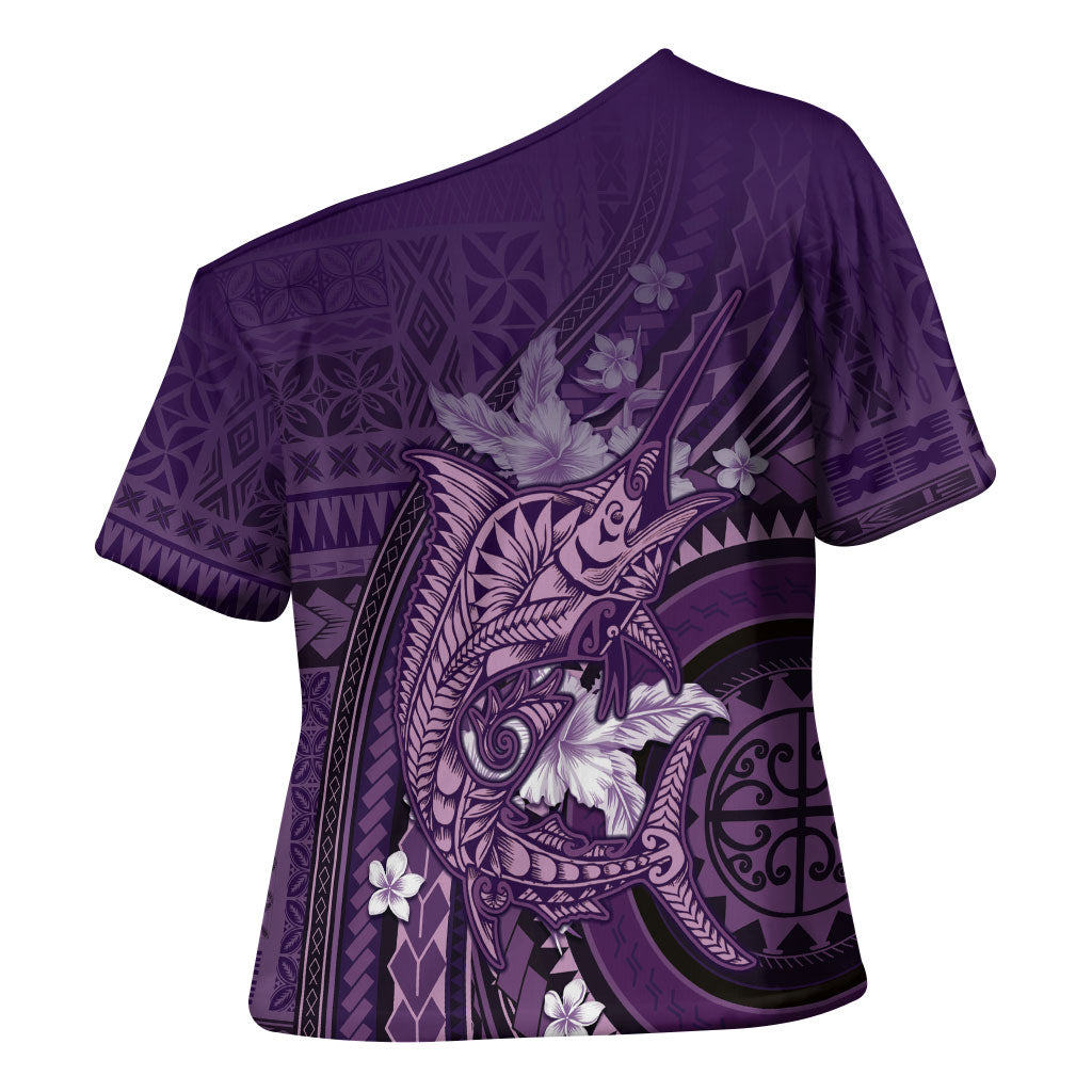 Samoa Tatau Marlin Cross Shoulder Shirt With Siapo Motifs Violet LT05 - Polynesian Pride