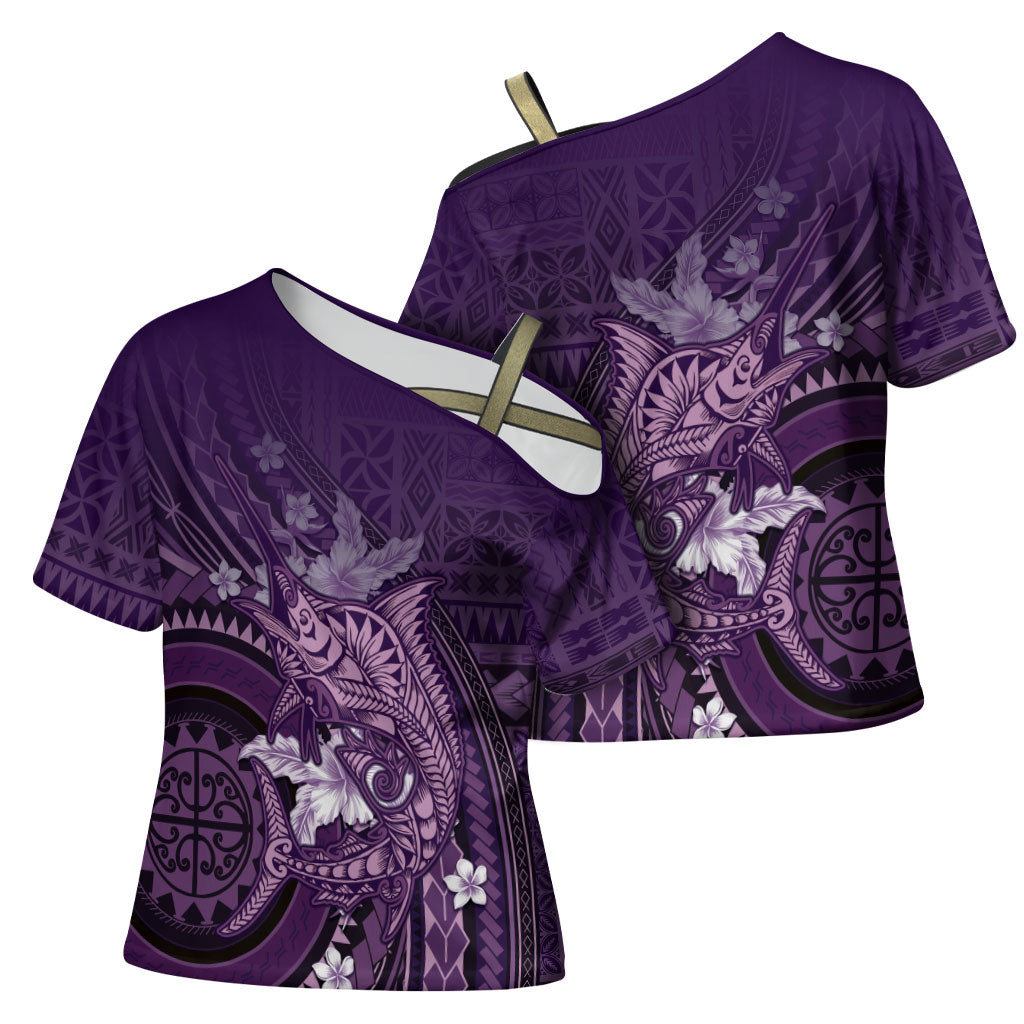 Samoa Tatau Marlin Cross Shoulder Shirt With Siapo Motifs Violet LT05 - Polynesian Pride