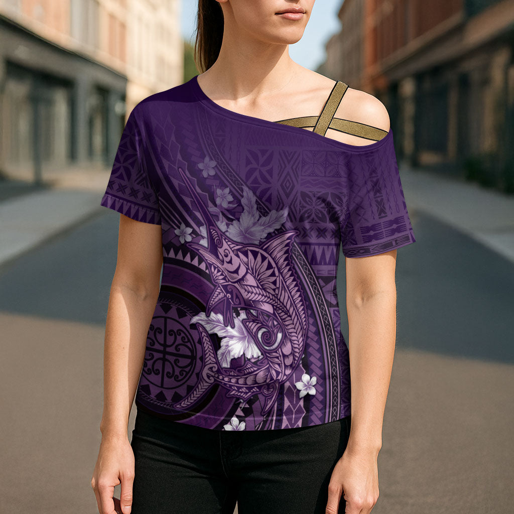 Samoa Tatau Marlin Cross Shoulder Shirt With Siapo Motifs Violet LT05 - Polynesian Pride