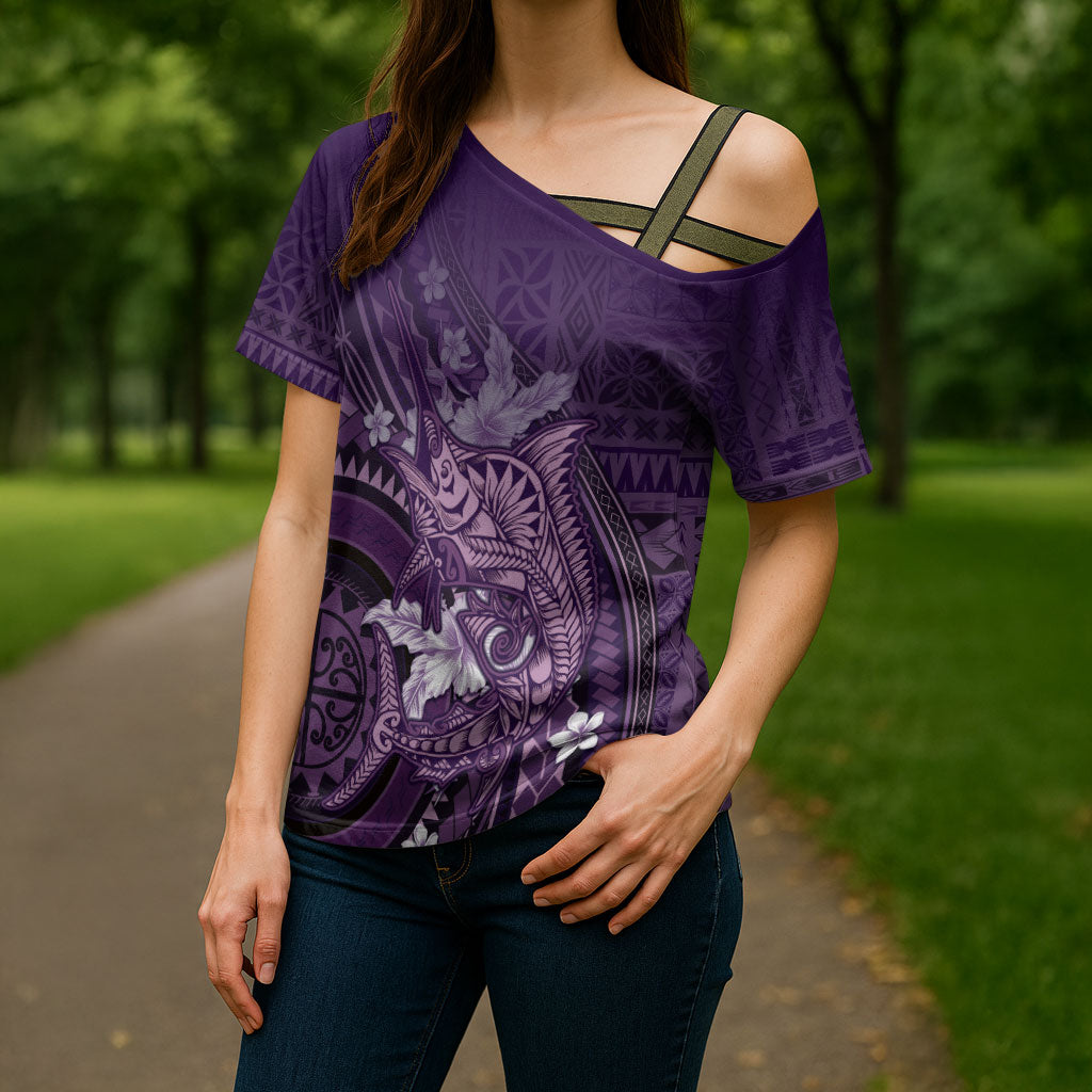 Samoa Tatau Marlin Cross Shoulder Shirt With Siapo Motifs Violet LT05 - Polynesian Pride