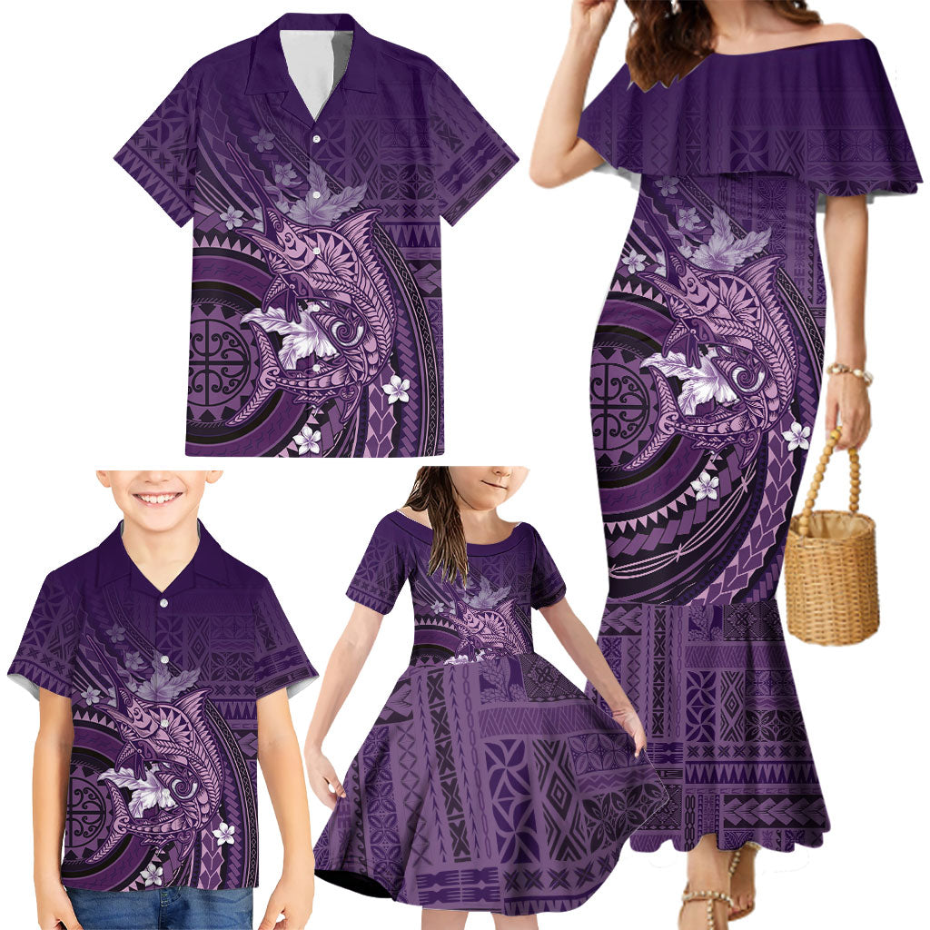 Samoa Tatau Marlin Family Matching Mermaid Dress and Hawaiian Shirt With Siapo Motifs Violet LT05 - Polynesian Pride