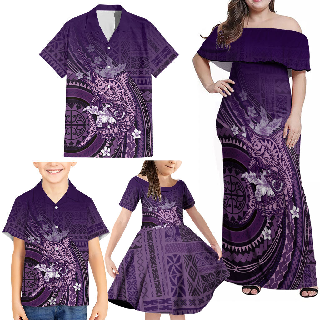 Samoa Tatau Marlin Family Matching Off Shoulder Maxi Dress and Hawaiian Shirt With Siapo Motifs Violet LT05 - Polynesian Pride