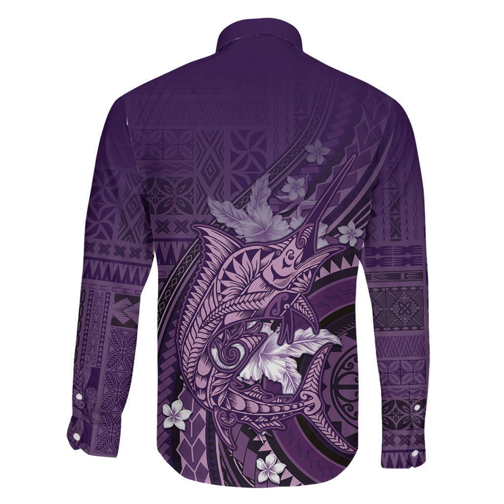 Samoa Tatau Marlin Family Matching Off Shoulder Maxi Dress and Hawaiian Shirt With Siapo Motifs Violet