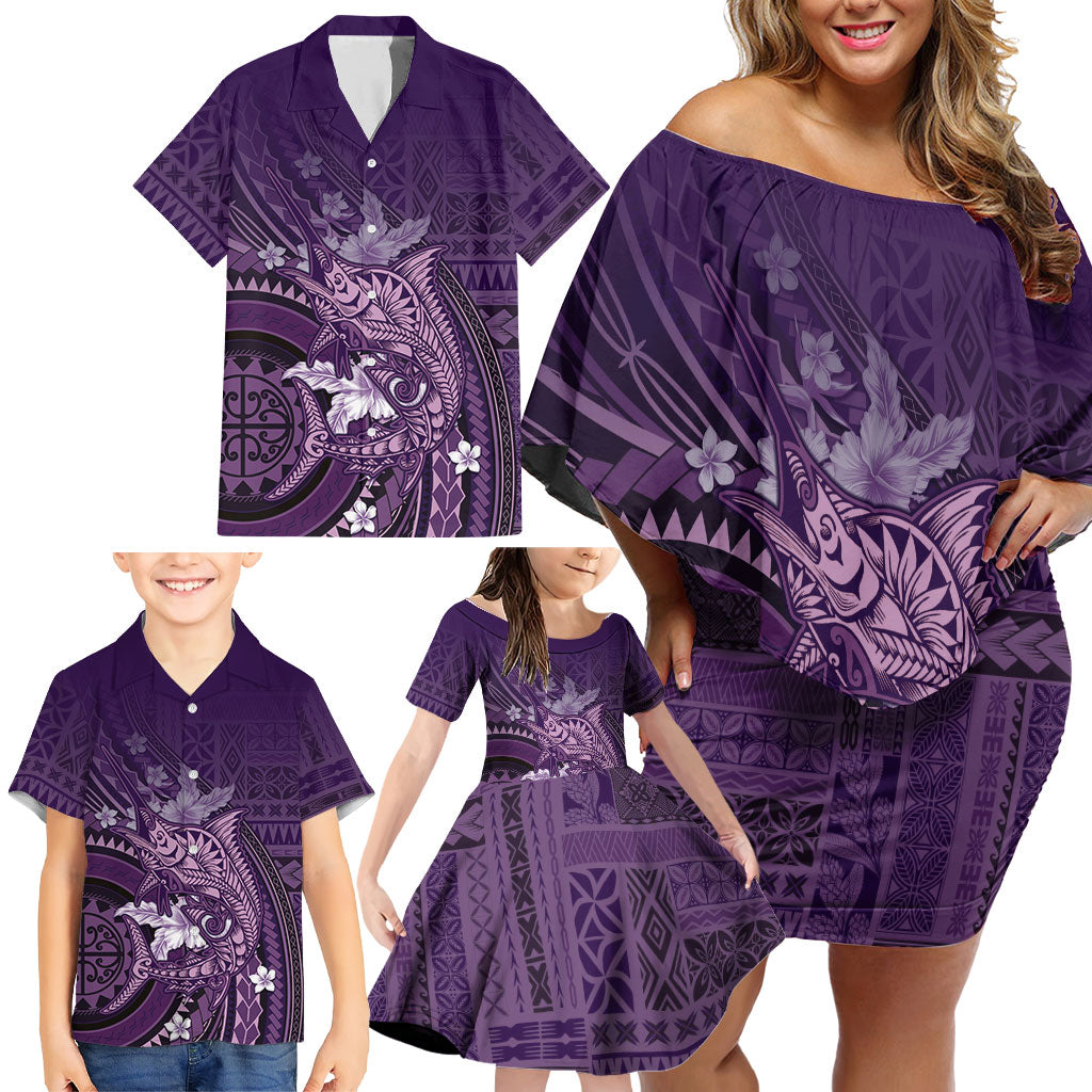 Samoa Tatau Marlin Family Matching Off Shoulder Short Dress and Hawaiian Shirt With Siapo Motifs Violet LT05 - Polynesian Pride