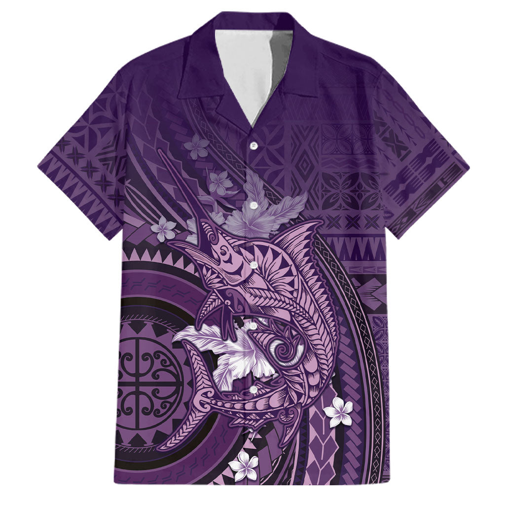 Samoa Tatau Marlin Family Matching Off Shoulder Short Dress and Hawaiian Shirt With Siapo Motifs Violet
