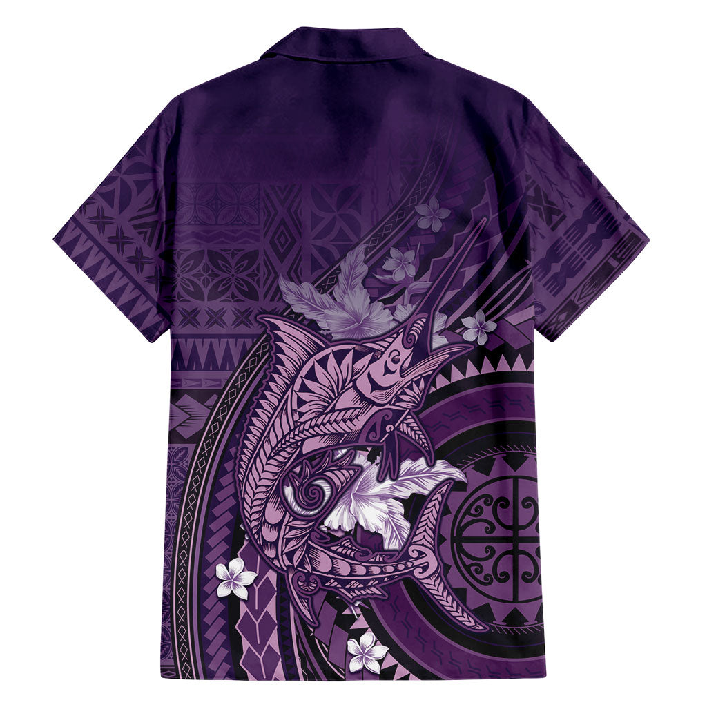 Samoa Tatau Marlin Family Matching Off Shoulder Short Dress and Hawaiian Shirt With Siapo Motifs Violet