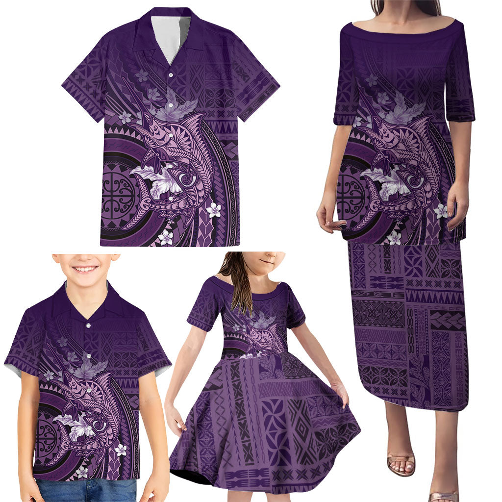 Samoa Tatau Marlin Family Matching Puletasi and Hawaiian Shirt With Siapo Motifs Violet LT05 - Polynesian Pride