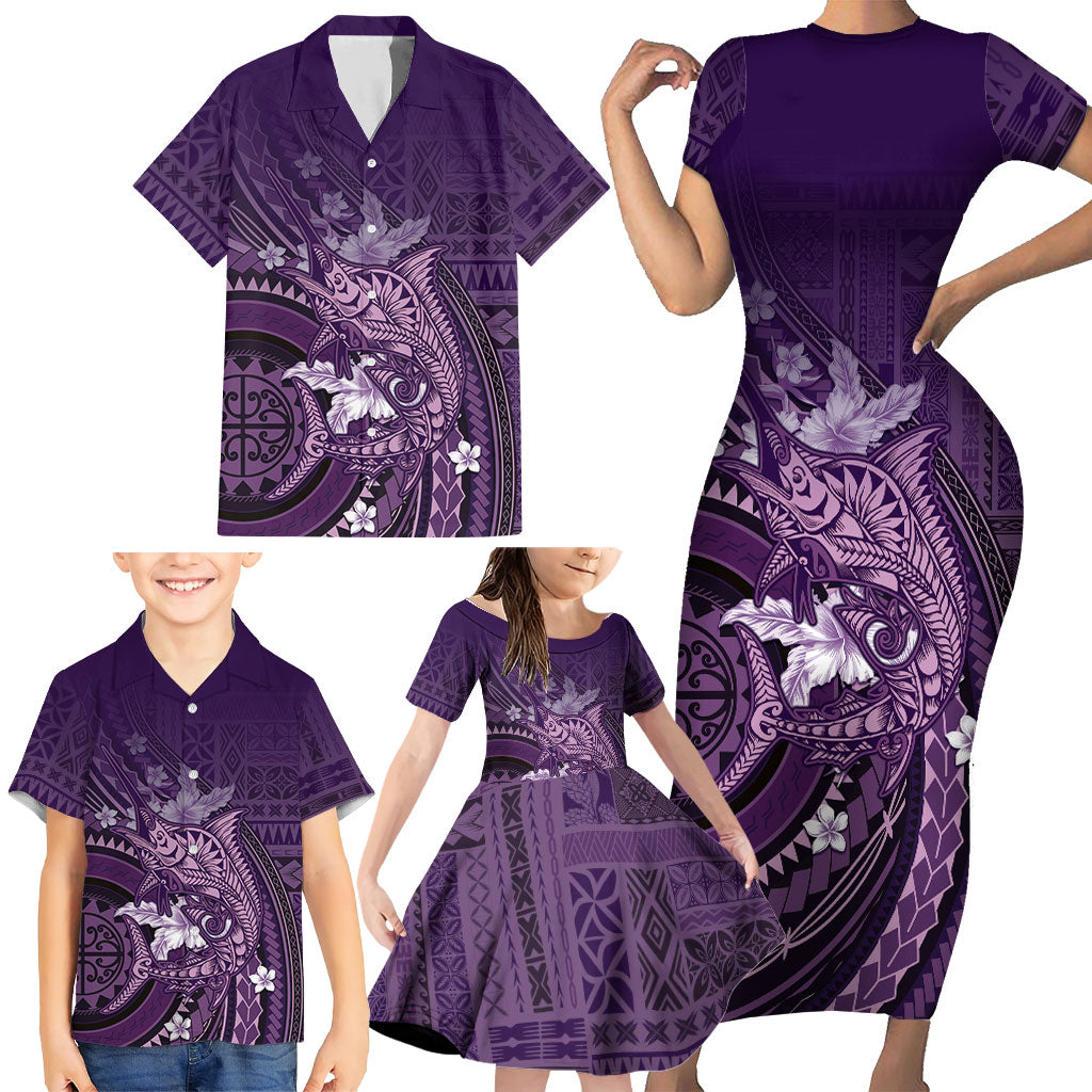 Samoa Tatau Marlin Family Matching Short Sleeve Bodycon Dress and Hawaiian Shirt With Siapo Motifs Violet