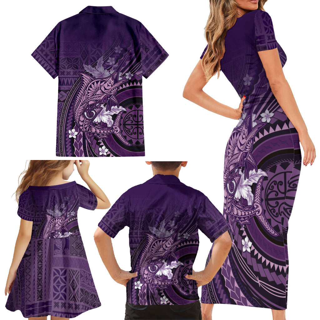 Samoa Tatau Marlin Family Matching Short Sleeve Bodycon Dress and Hawaiian Shirt With Siapo Motifs Violet