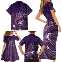 Samoa Tatau Marlin Family Matching Short Sleeve Bodycon Dress and Hawaiian Shirt With Siapo Motifs Violet