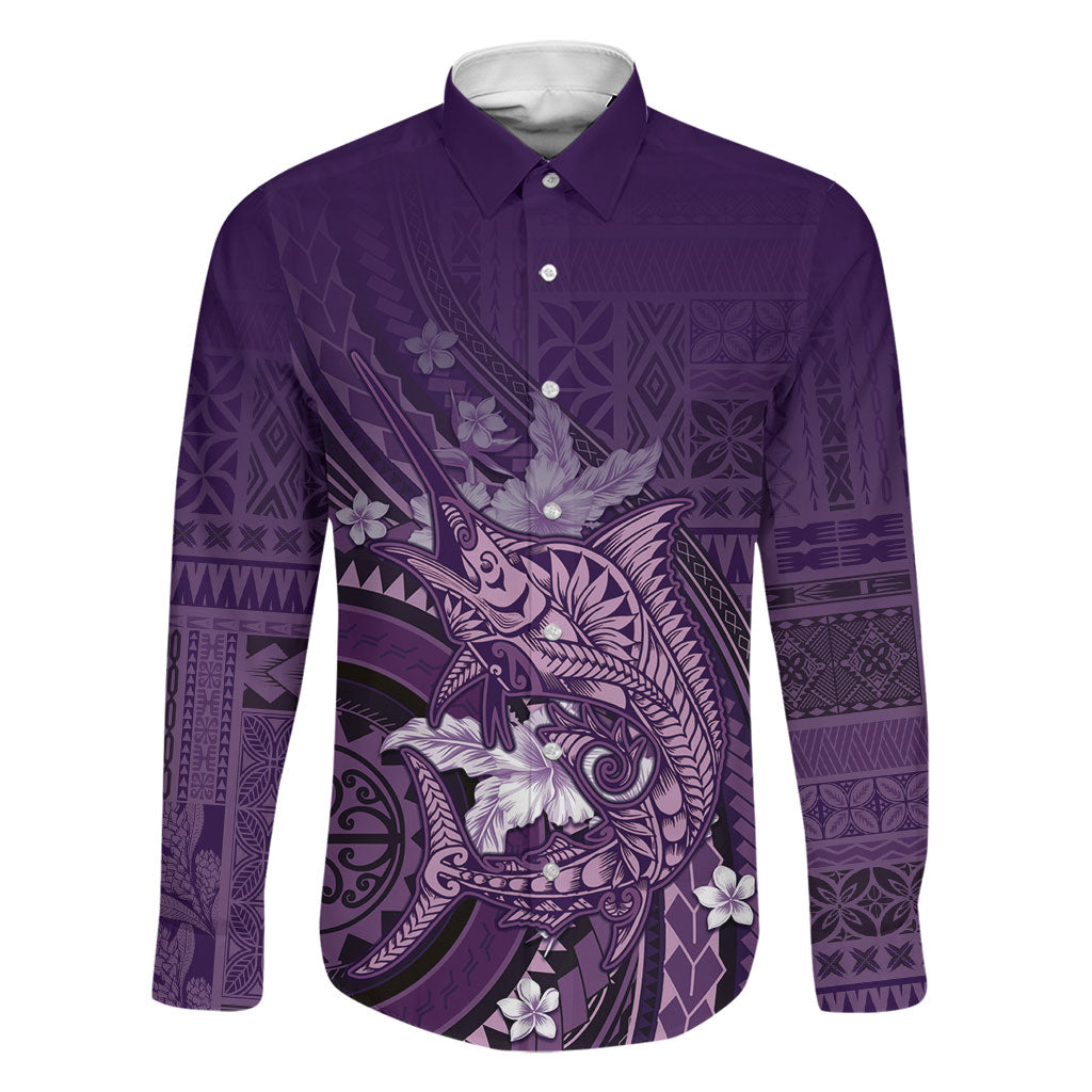 Samoa Tatau Marlin Family Matching Short Sleeve Bodycon Dress and Hawaiian Shirt With Siapo Motifs Violet