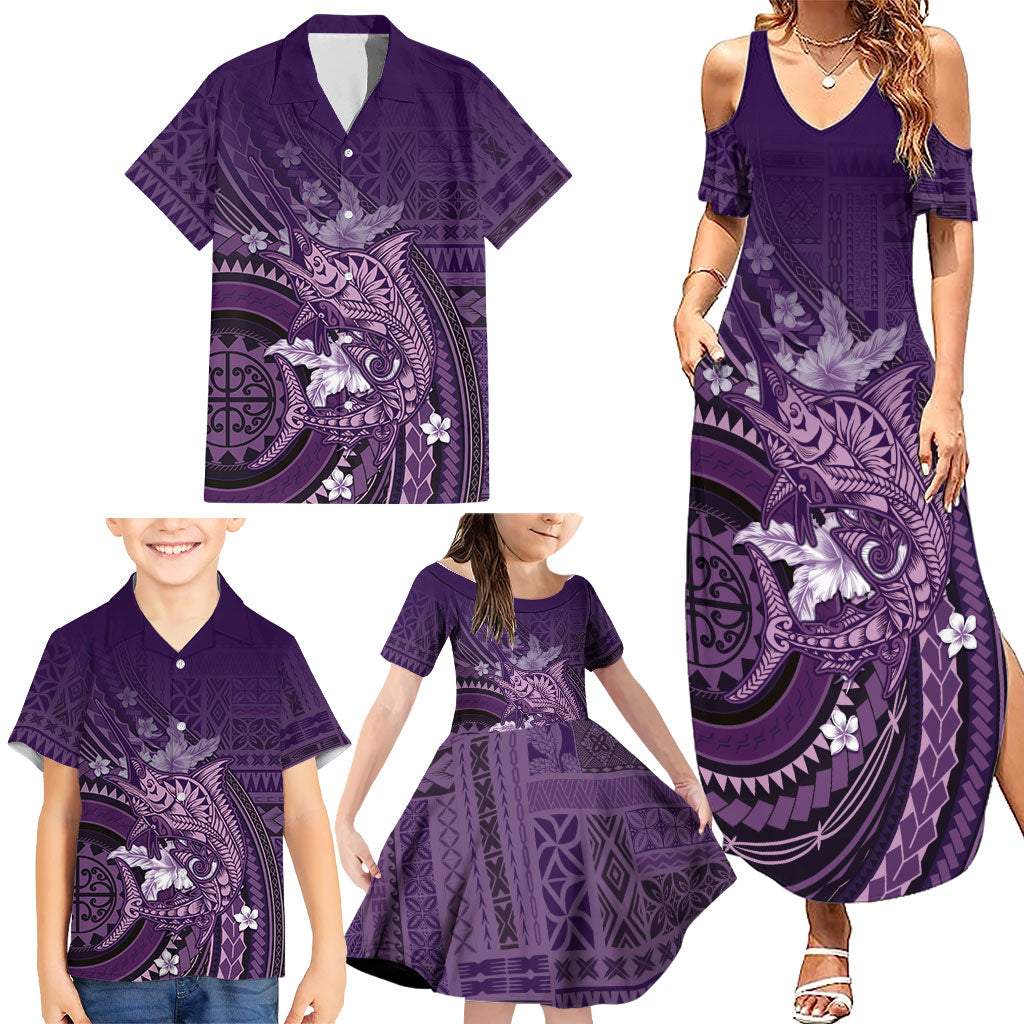 Samoa Tatau Marlin Family Matching Summer Maxi Dress and Hawaiian Shirt With Siapo Motifs Violet LT05 - Polynesian Pride