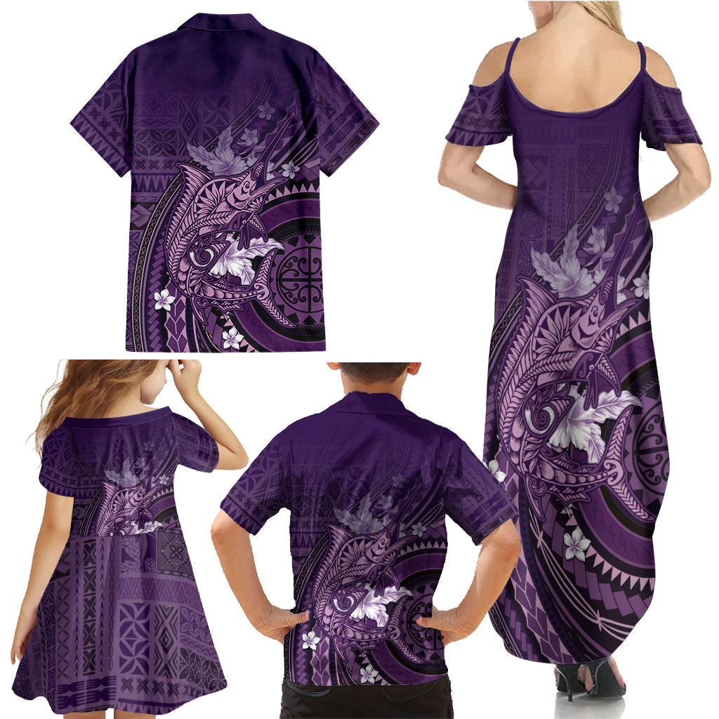 Samoa Tatau Marlin Family Matching Summer Maxi Dress and Hawaiian Shirt With Siapo Motifs Violet