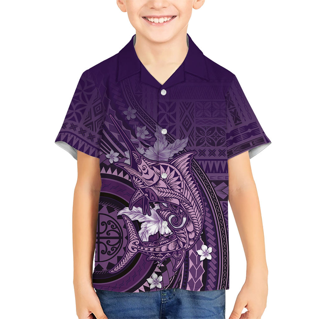 Samoa Tatau Marlin Family Matching Summer Maxi Dress and Hawaiian Shirt With Siapo Motifs Violet