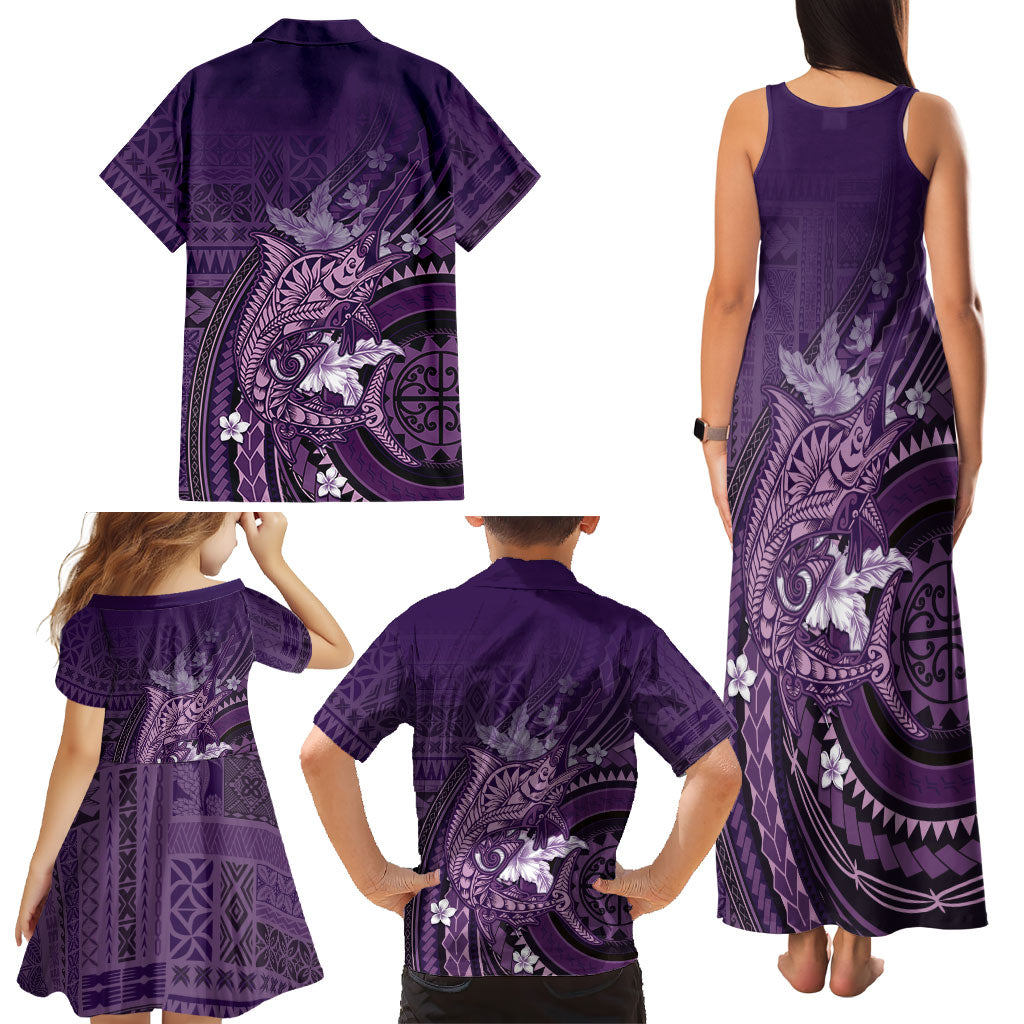 Samoa Tatau Marlin Family Matching Tank Maxi Dress and Hawaiian Shirt With Siapo Motifs Violet