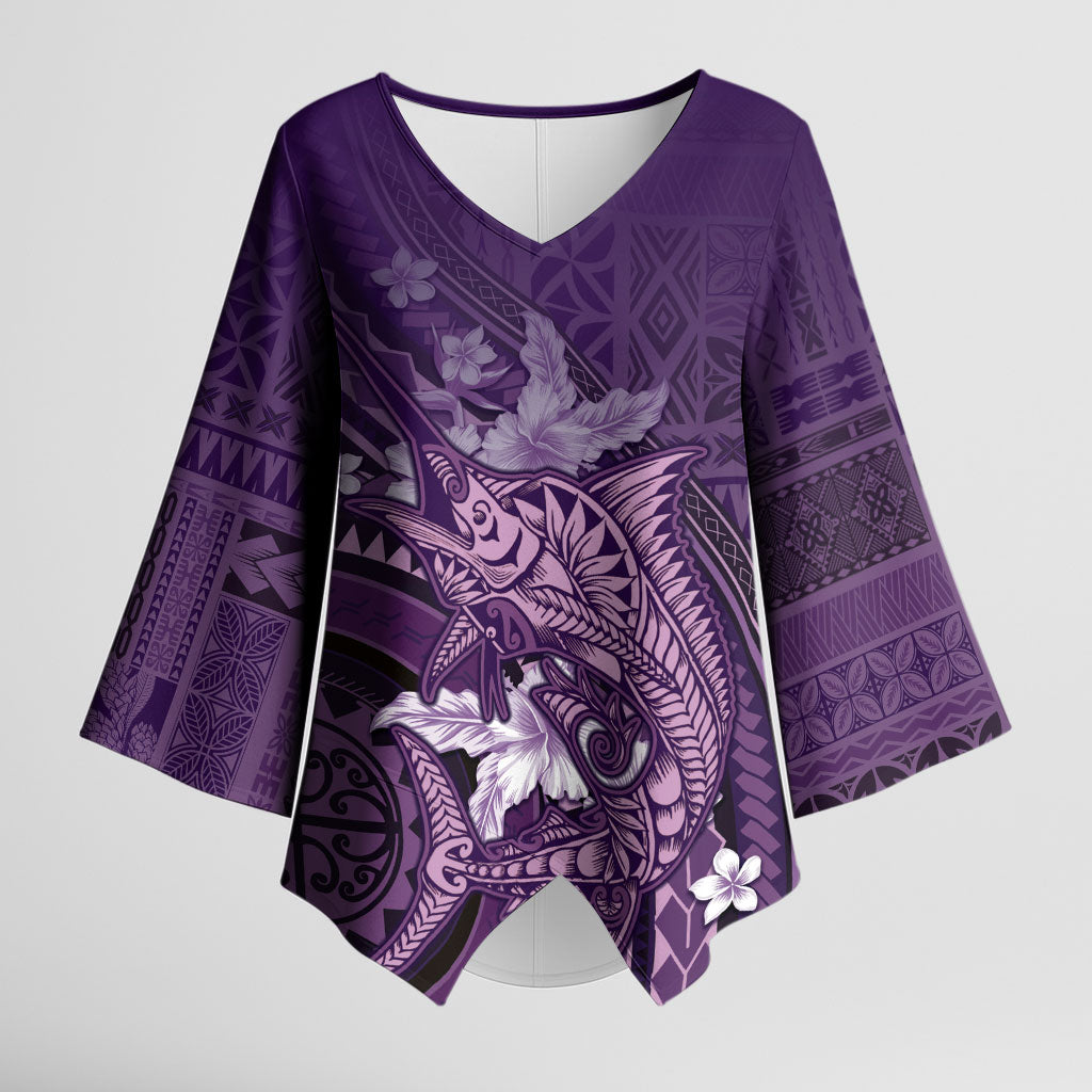 Samoa Tatau Marlin Kimono Sleeve Blouse With Siapo Motifs Violet LT05 Female Violet - Polynesian Pride