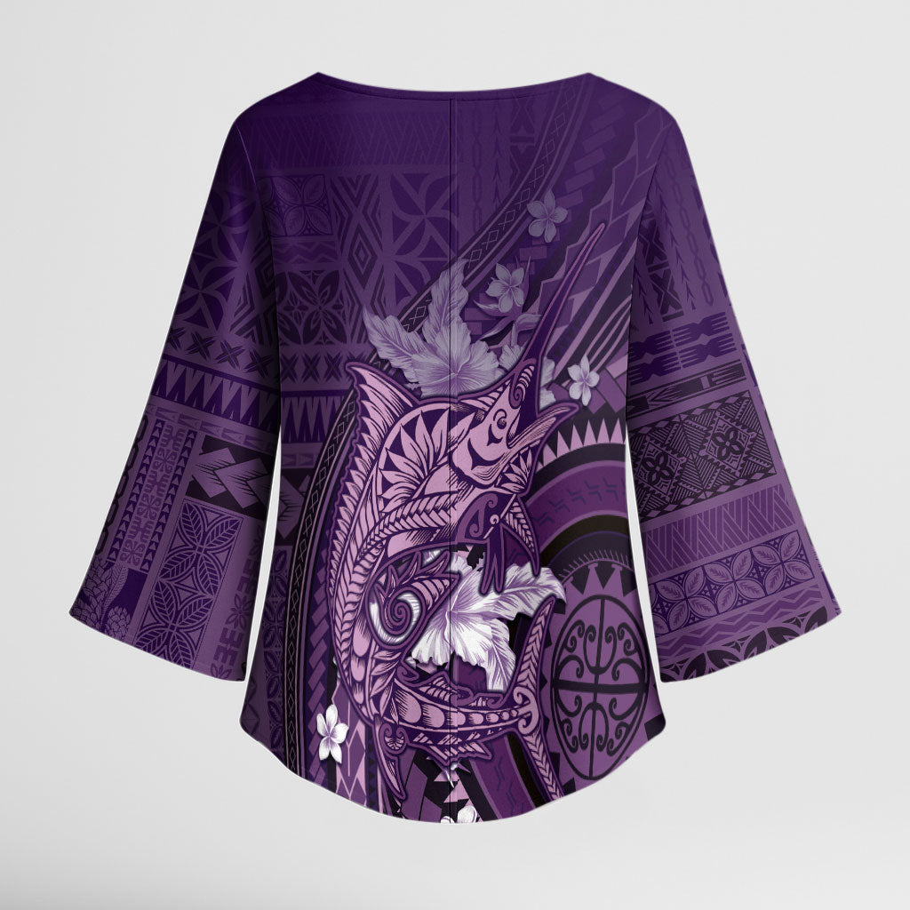 Samoa Tatau Marlin Kimono Sleeve Blouse With Siapo Motifs Violet LT05 - Polynesian Pride