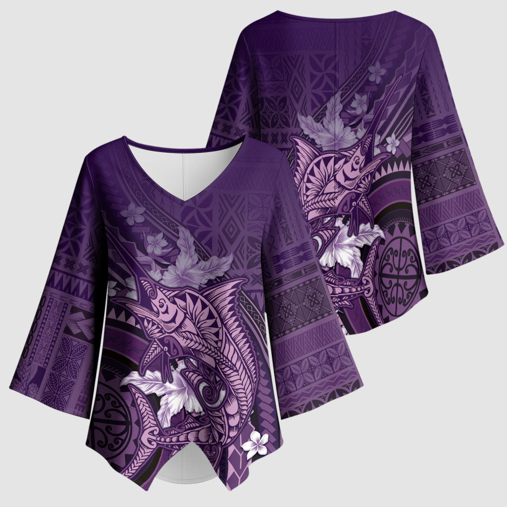 Samoa Tatau Marlin Kimono Sleeve Blouse With Siapo Motifs Violet LT05 - Polynesian Pride