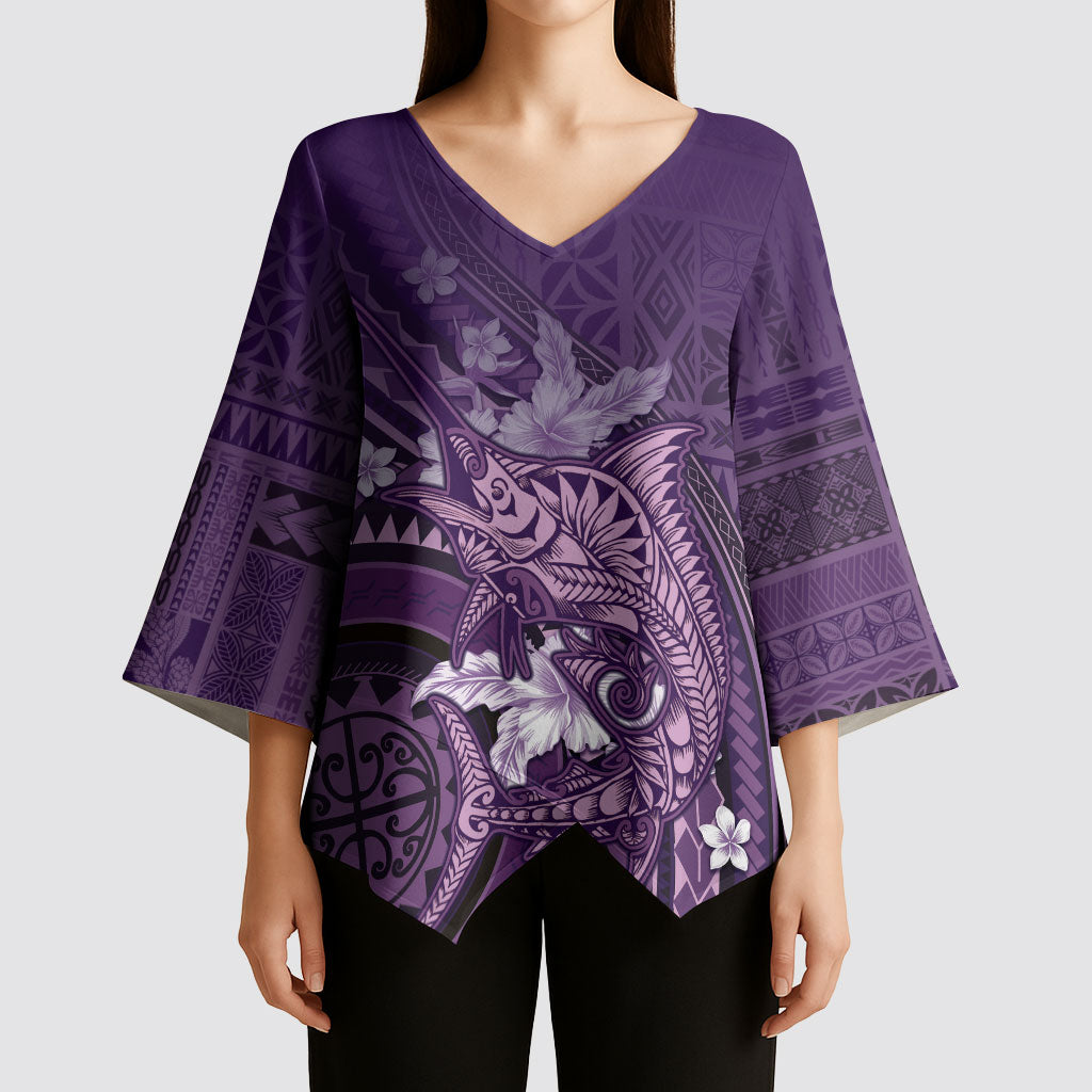 Samoa Tatau Marlin Kimono Sleeve Blouse With Siapo Motifs Violet LT05 - Polynesian Pride