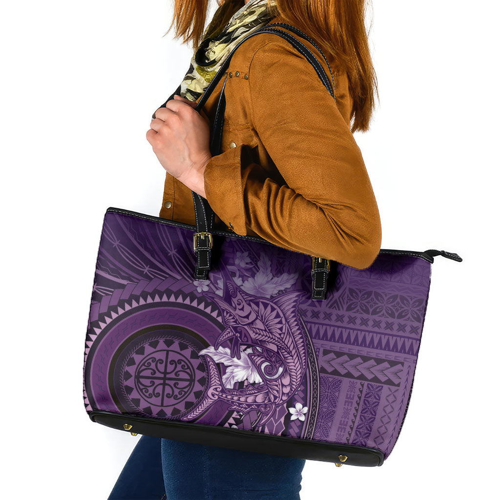 Samoa Tatau Marlin Leather Tote Bag With Siapo Motifs Violet LT05 Violet - Polynesian Pride